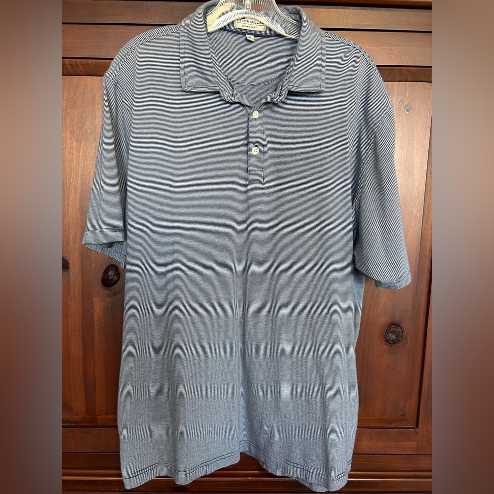 Peter Millar Navy Blue and White Stripe Polo - XL
